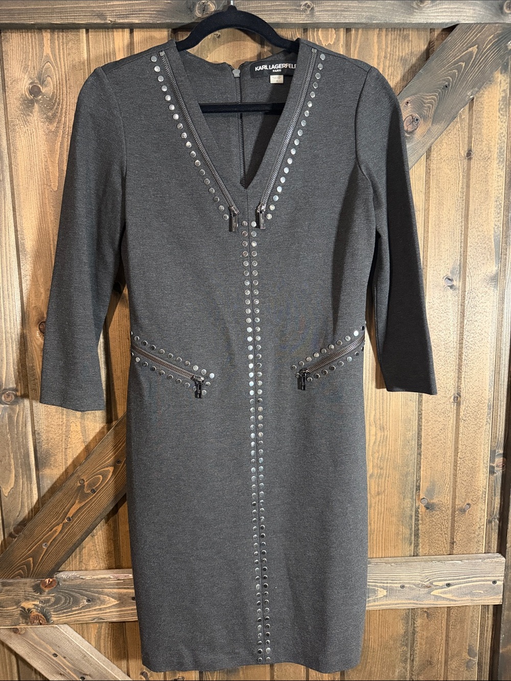 Karl Lagerfeld Charcoal Gray Stud-Trim V-Neck Midi Dress